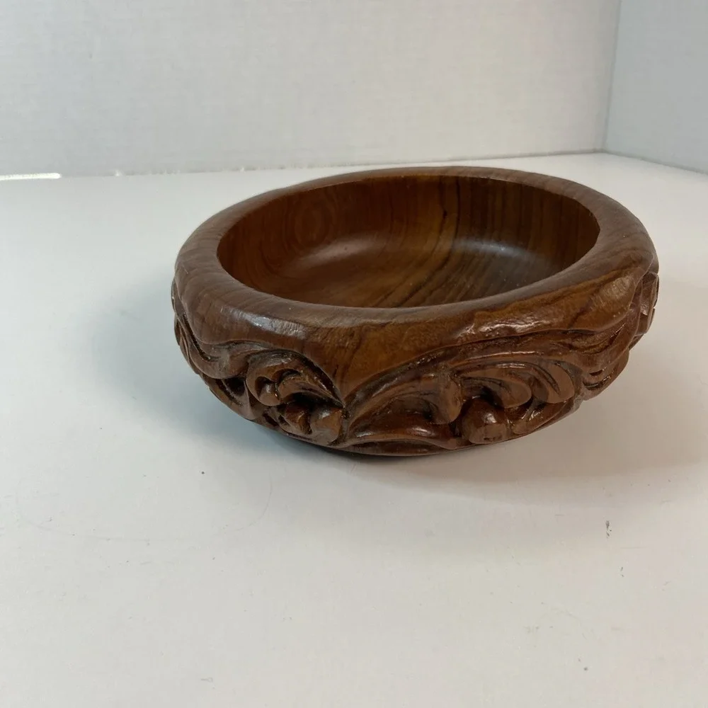 Vintage Decorative Teak Wood Carved Bowl Catch All Key Jewelry Trinket Dish